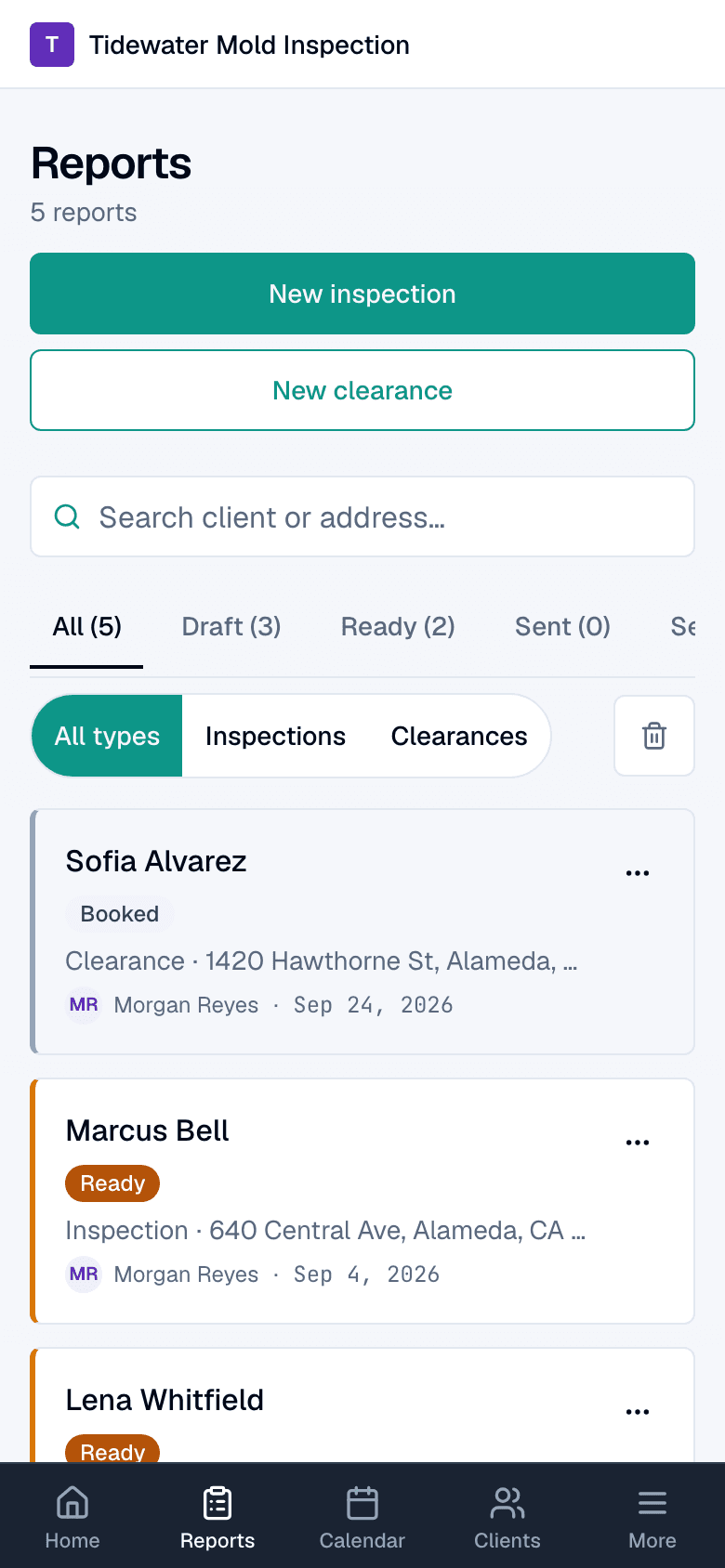 The reports list on a phone: inspections with their stage, client and date.